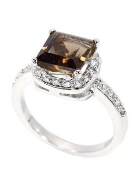 Smoky Quartz Halo Cocktail Ring in 925 Sterling Silver Size 8
